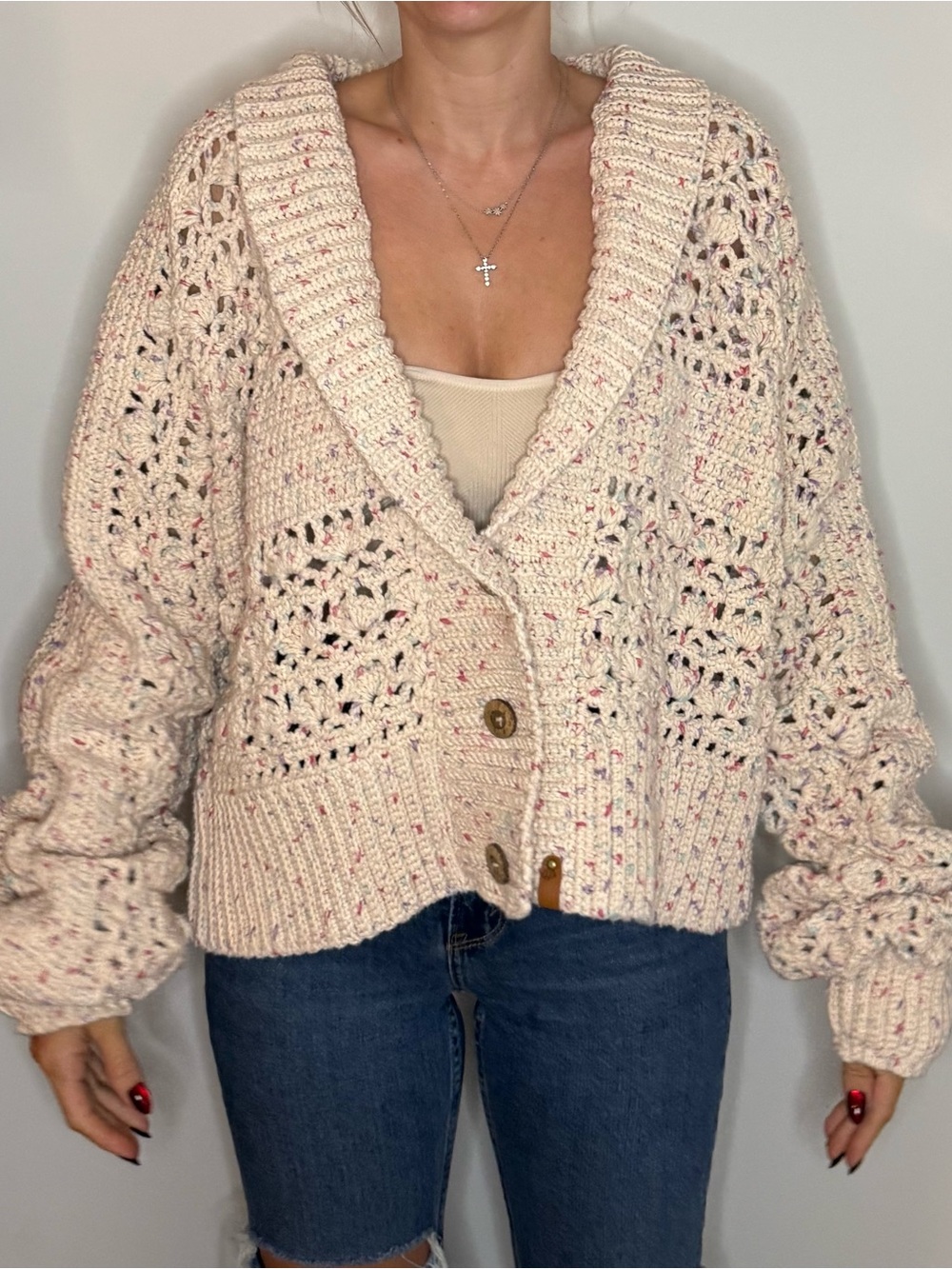 Speckled Cream Openwork Shawl Collar Cardigan